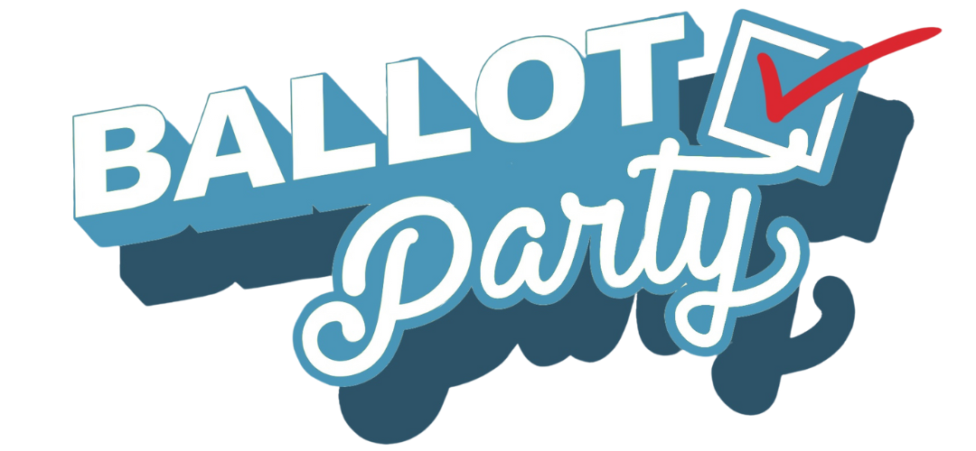 An image of the words Ballot Party in blue and white with a checked box